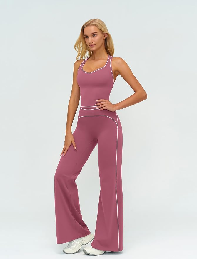 ABOCIW Two Piece Workout Sets for Women Racerback Tank Top Matching High Waist Wide Leg Yoga Pants Pilates Outfits