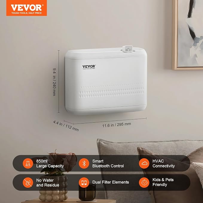 VEVOR Upgrade HVAC Scent Diffuser for Whole House, 850ml Bluetooth Smart Essential Oil Diffuser with Cold Air Tech, Waterless Scent Air Diffuser, Cover Up to 4500 Sq.Ft for Large Room, Hotel, Office