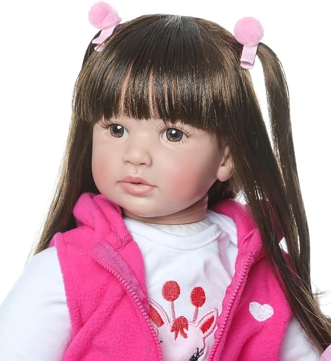 Pinky 24 inch 61cm Lovely Reborn Baby Girl Doll Reborn Toddler Realistic Looking Lifelike Baby Doll Vinyl Soft Silicone Babies Black Hair Doll Toy