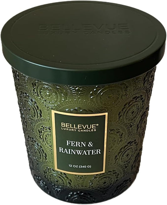 Bellevue Luxury Candles, 12 OZ Soy Blend Candle, Embossed Glass, Fragrances formulated with Essential Oils, Home Fragrances, Scented Candles Gift Set ǀ Scent: Fern & RAINWATER