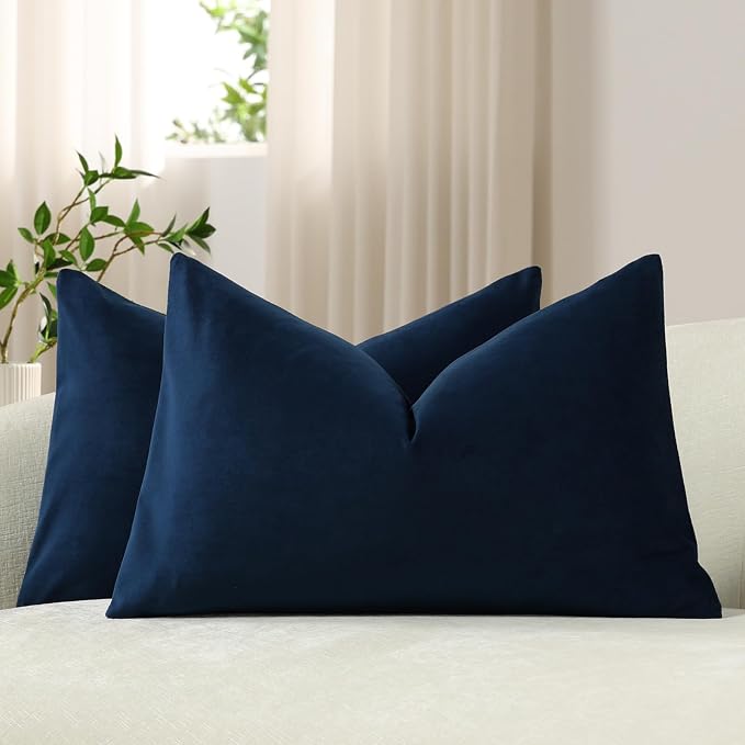 Lumbar Pillow Covers 12x20 Midnight Blue: Pack of 2 Cozy Soft Velvet Rectangular Modern Luxury Decorative Throw Pillow Cases for Sofa Couch Living Room Bed Home Decor