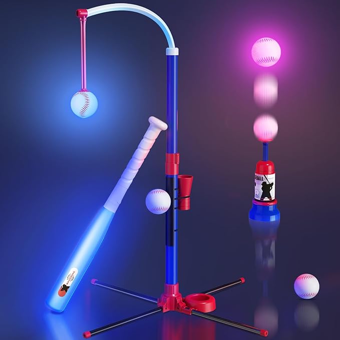 HYES 3-in-1 LED Baseball Set for Kids 3-5 - Tee Ball Stand, Hanging Tee, Ball Launcher and 4 Softballs - Adjustable Height, Indoor/Outdoor Sport Gifts for Boys Girls, Blue