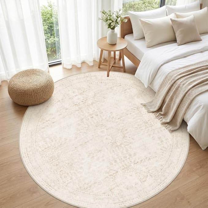 Round Area Rug for Living Room: 8ft Vintage Boho Neutral Washable Circle Rug Soft Large Circular Carpet for Bedroom Nursery Farmhouse Dining Room Office Floor Non-Slip Low Pile Under Table Rug Beige