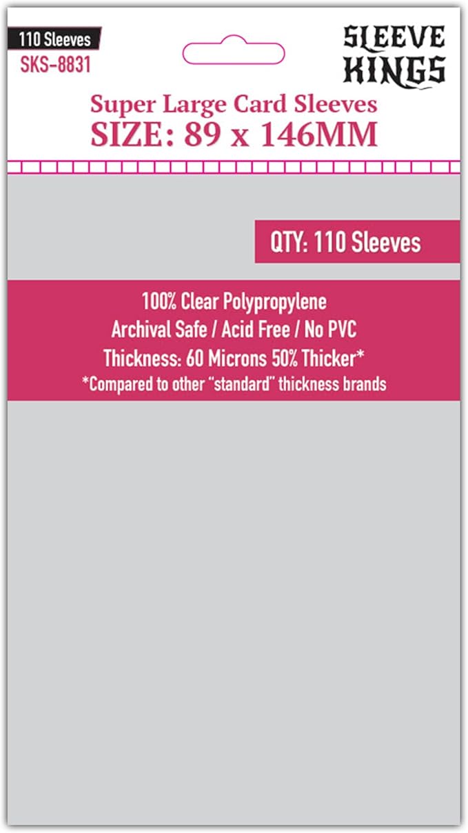 Sleeve Kings Premium Super Large Card Sleeves – 89x146mm, 110 Pack, 60 Micron Thick, Extra Clear, Acid-Free, PVC-Free, Compatible with Kingdom Death: Monster, The Elder Scrolls: Call to Arms & More