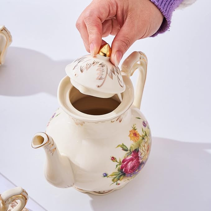 YOLIFE Flowering Shrubs Teapot, 35 OZ /4 Cup Vintage Ivory Porcelain Tea Pot with Infuser for Loose Leaf Tea, Floral Teapot with Gold Trim