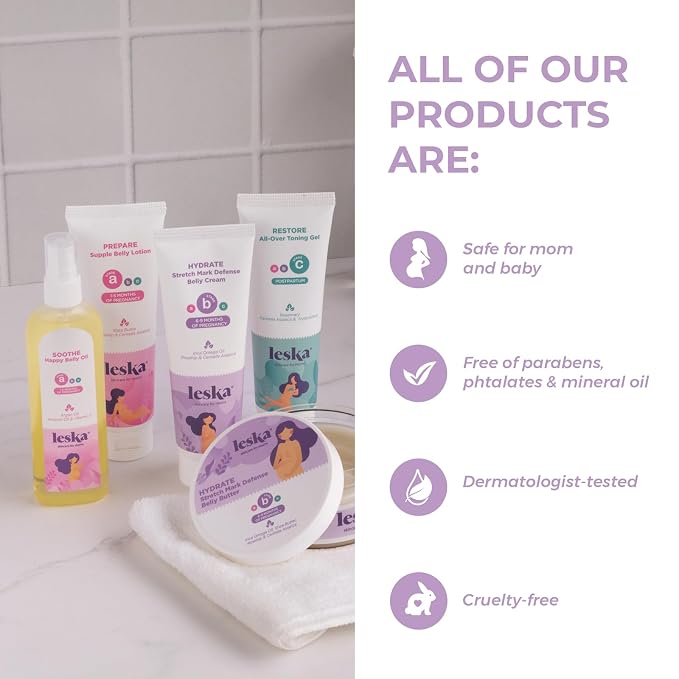 Leska Pregnancy Stages A & B Set | Belly Lotion, Belly Oil, Stretch Mark Defense Cream & Butter | Pregnant Mom Months 1-9 | Part of a Complete 3-Stage Pregnancy Skincare System (Set of 4, 4-4.93oz)