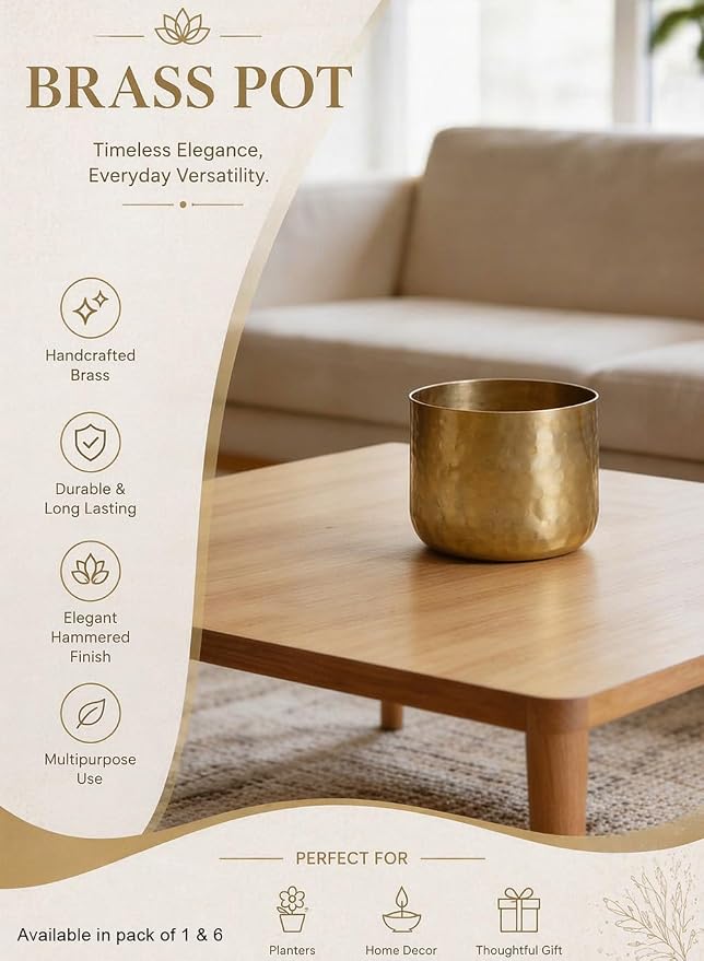 Serene Spaces Living Antique Brass Look Gold Hammered Pots, Indoor Planter Pot, Decorative Accent for Potted Plants, Gold Flower Vase for Wedding, 7" Diameter and 5.25" Tall, Pack of 6