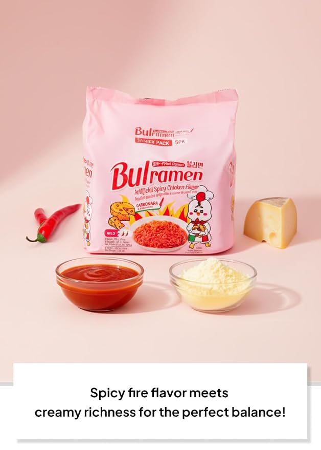 Korean Food Bulramen Stir-Fried Ramen Mild Spicy Instant Carbonara 5 Packs | Stir-fried carbonara-style instant noodles with mild spicy chicken-style flavor. Includes 5 convenient packs.