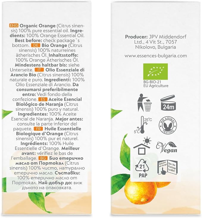 Essences Bulgaria Organic Orange Essential Oil 1.7 Fl Oz 50ml Citrus sinensis - 100% Pure and Natural Undiluted Therapeutic Grade Home Aromatherapy Humidifier Vegan Cosmetic Skincare Candles