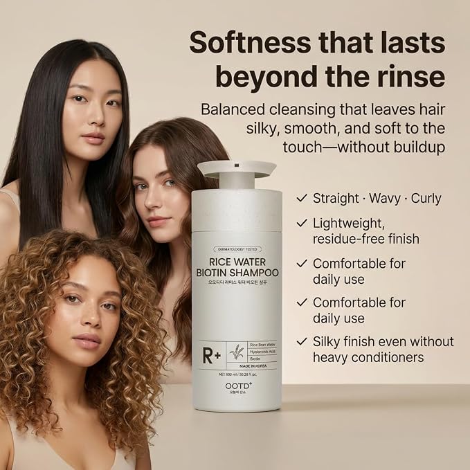 #OOTD Rice Water Biotin Hair Shampoo, 20.29 fl oz | Korean Haircare | Rice water biotin shampoo with Hyaluronic Acid; thickens strands & delivers salon-quality volume & glass hair shine