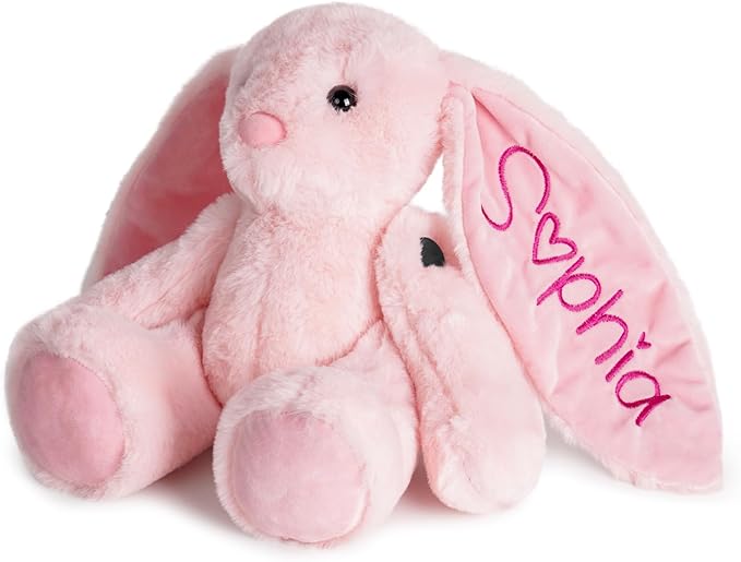 Custom Plush Bunny Toys with Child's Name, Embroidered Cute Bunny Stuffed Animals for Baby Toddlers 1-3 Years Old, Personalized Birthday Gift for Baby Girls Boys (Pink)