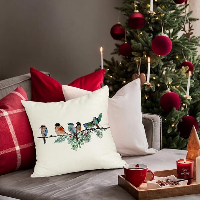 RABUSOFA Christmas Pillow Covers 18x18 Inch Birds Christmas Decorations Christmas Winter Throw Pillow Cases Xmas Outdoor Birds Decor Decorative Pillows for Couch Holiday Teal