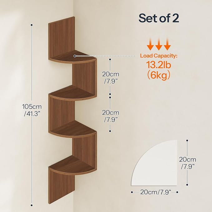 HOOBRO Corner Shelf Wall-Mounted, Set of 2 Floating Corner Shelves for Wall, 4-Tier Corner Bookshelves for Living Room, Bedroom, Bathroom, Home Office, Walnut WL25BJP201