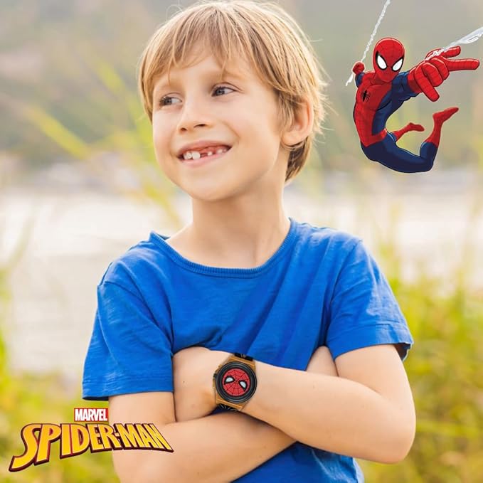 Marvel Spider-Man Kids' LCD Watch – Light-Up Flip Top Design with Glowing Eye Cover, Gold-Tone Accents, and Adjustable Silicone Strap – Durable and Fun for Ages 5+