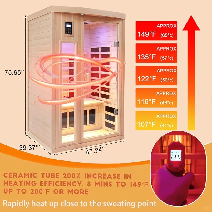 Ceramic 2 Person Infrared Sauna, Far Infrared Sauna for Home, Hemlock Wood Saunas Room, 2 in 1 Indoor Sauna with Low EMF Heaters + Ceramic Heating Cubes-Chromotherapy-Bluetooth Speaker