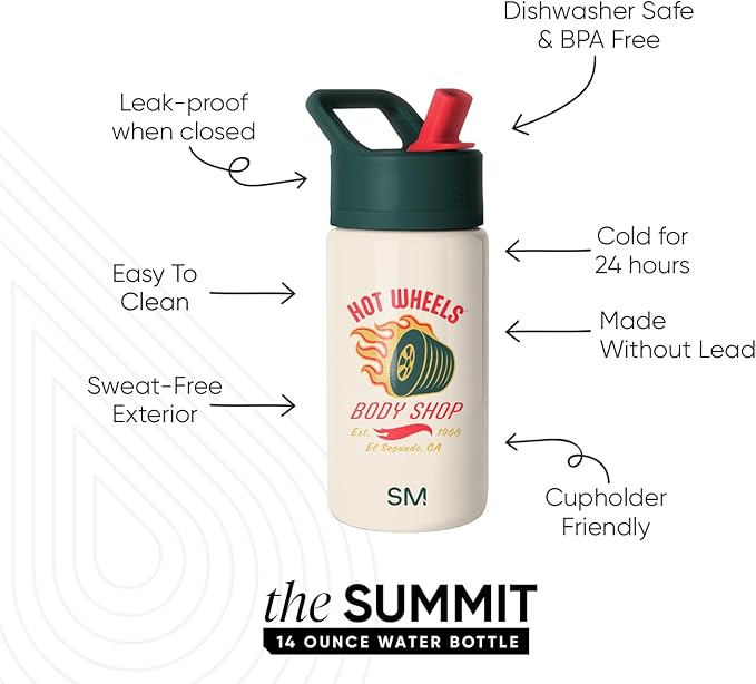 Simple Modern Kids Summit Water Bottle with Straw Lid | Hot Wheels 14oz Stainless Steel Cup Insulated Tumbler for Boys, Girls, School | Body Shop