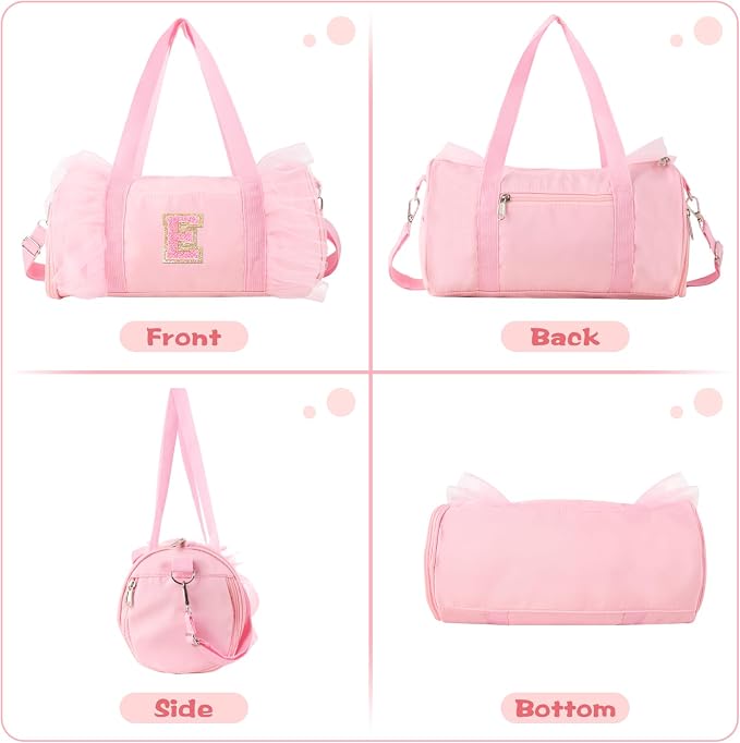 Personalized Initial Dance Bag for Girls 4-6, Small Lace Gym Sport Yoga Cheer Dance Bags Gift for Teen Girls, Cute Letter Kids Ballet Bag Toddler Travel Duffel Tote with Adjustable Straps(Pink-E)