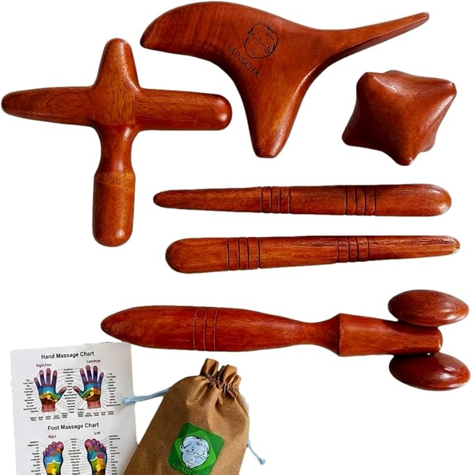 Lungcha 5 Types, 6 Piece Set - Traditional Thai Massage Reflexology Stick Tool with The Usage Guide and Tools Bag. (Set of 5 Types Full Body Massage)