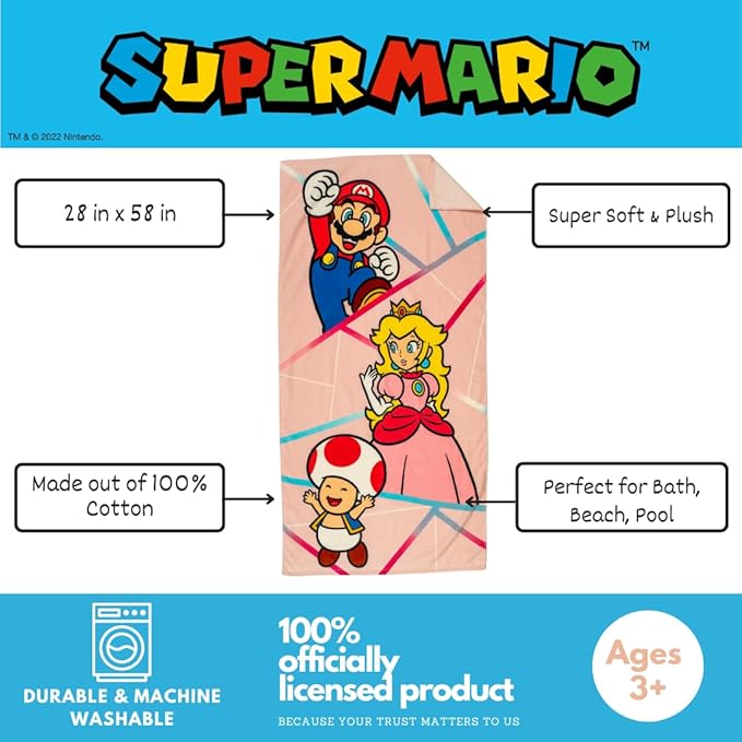 Super Mario Girl Princess Peach Kids Super Soft Cotton Bath/Pool/Beach Towel, 58 in x 28 in, (Officially Licensed Product) By Franco