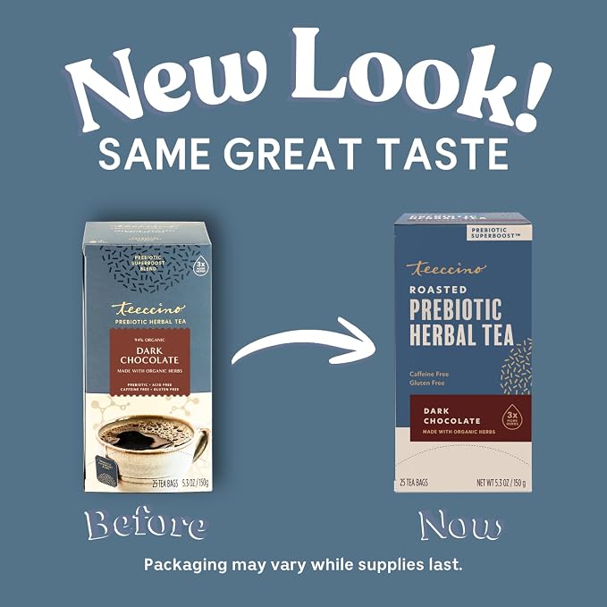 Teeccino Dark Chocolate Prebiotic SuperBoost™ Herbal Tea - Support Your Probiotics with Vegan GOS & Organic XOS For Good Gut Health and Regularity, 25 Tea Bags
