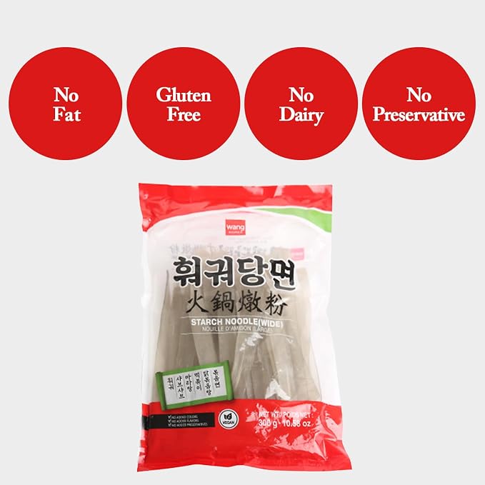 Wang Wide Glass Noodles, Korean Sweet Potato Glass Noodles | Japchae & Hot Pot, Sweet Potato Starch, Gluten Free, Vegan, Pack of 1 (10.58 oz)