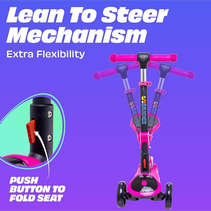 SKIDEE Kick Scooter for Kids Foldable 3 Wheel Scooter with Lean-to-Steer, Adjustable Height, Removable Seat & LED Light Wheels | Toddler Scooter Up to 12 Year Old Boys/Girls