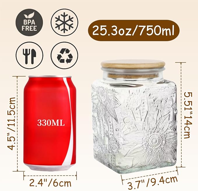 Square Glass Jar with Lid, 25.3oz Vintage Coffee Canister | Glass Food Storage Container for Ground Coffee, Tea, Sugar, Candy, Decorative Glass Jar, Cute Jar