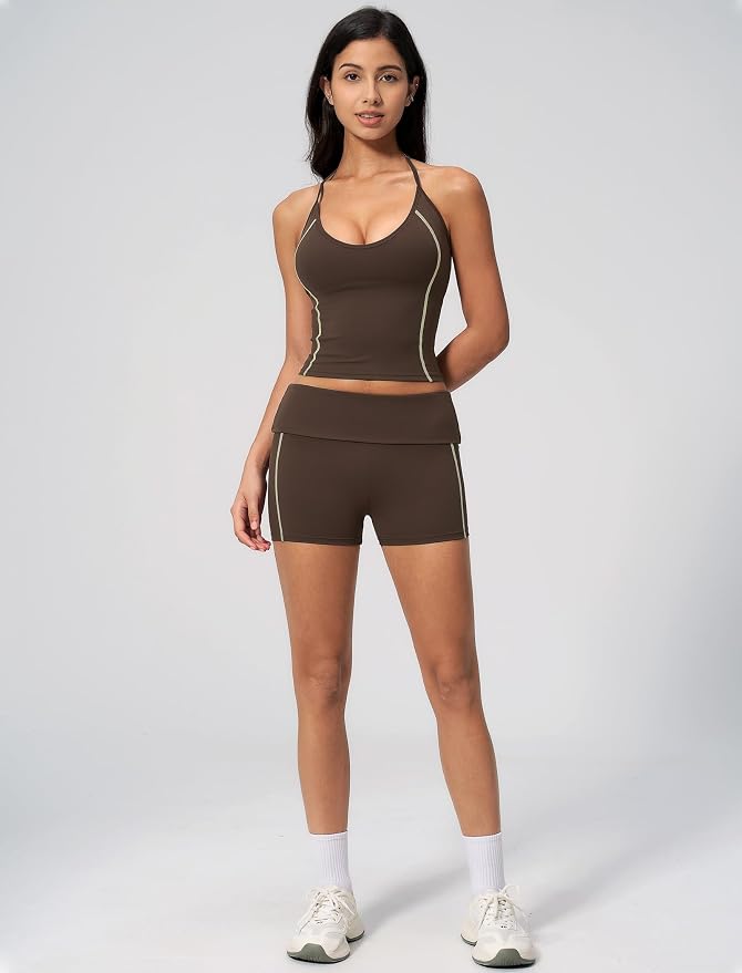 QBGJTD Women 2 Piece Workout Set Color Block Open Back Halter Top and High Waist Booty Lifting Shorts Yoga Outfit