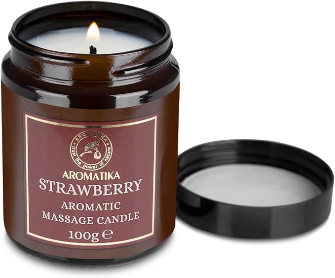 AROMATIKA Strawberry Scented Massage Candle - Soy Wax 3.5Oz - Relaxing Aromatherapy Candle - Glass Jar Gift