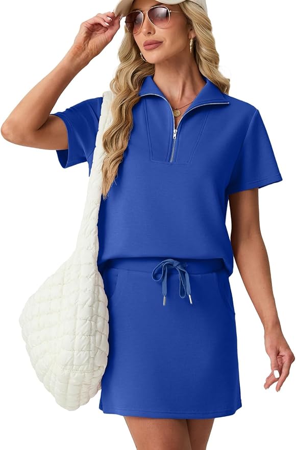GRECERELLE Women's Summer 2 Piece Skort Set Half Zip Short Sleeve Top & Pocketed Tennis Skirt For Sports & Vacations.