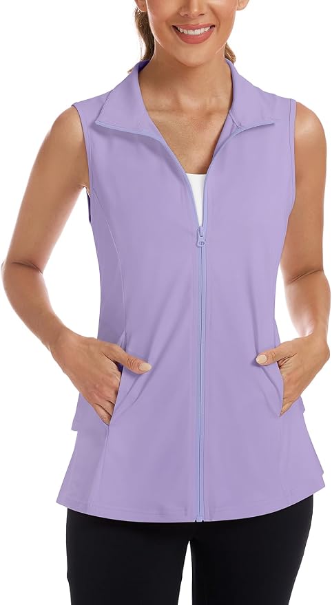 Women's Golf Vest with Pleated Tennis Skirt Hem Lightweight Full Zip Sleeveless Athletic Shirts with Pockets