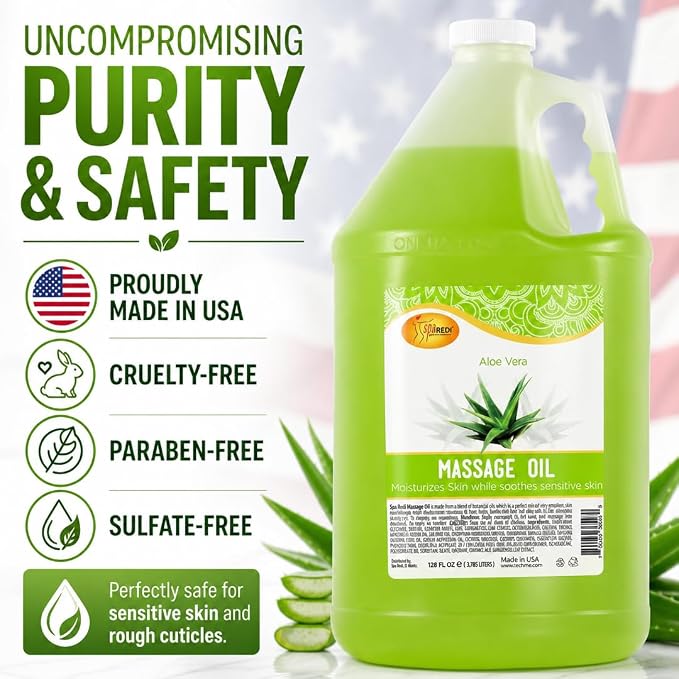 SPA REDI Aloe Vera Professional Massage Oil – 5-Botanical Blend with Almond, Avocado, Sunflower & Vitamin E | Non-Greasy, Fast-Absorbing | Paraben-Free, Cruelty-Free | Made in USA | 128 oz