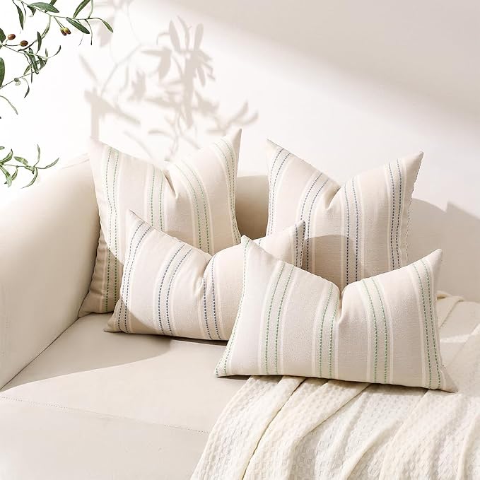 Hckot Stripe Throw Pillow Covers 24x24 Set of 2 Light Green Pillow Covers | Large Farmhouse Decorative Pillows Textured Linen Square Cushion Covers for Sofa Couch Bed Living Room Decor