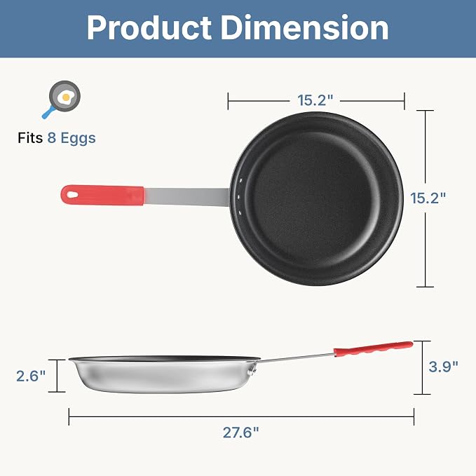 DUMOS 14 Inch Nonstick Frying Pan, Heavy-Gauge Aluminum Skillet with Ceramic Nonstick Coating, Stainless Steel Base & Handle, Omelet Pan for Induction, Electric, Gas, PFAS Free, Oven Safe, Red Handle
