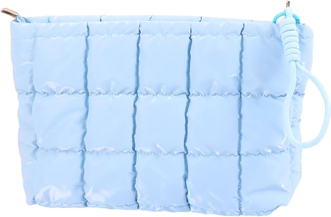 Puffer Quilted Makeup Bag Travel Cosmetic Bag Portable Puffy Checkered Toiletry Pouch Skincare Organizer Purse Pencil Case (Light Blue)