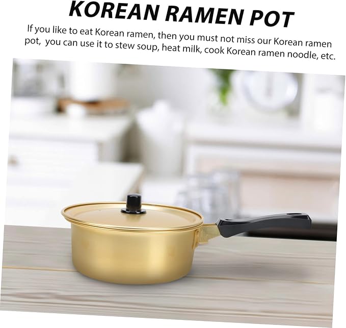 Hemobllo Golden Korean Ramen Pot Single Handle Aluminum Stockpot with Lid Thickened Noodle Stew Pot for Home Cooking Fast Heating for Soup and Daily Meals