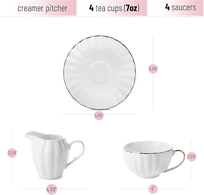 BTaT- Classic tea set, 13 pcs, Tea Cups (7oz), Tea Pot with Stainless Steel Infuser (32oz), Creamer and Sugar Set, Porcelain Tea Set, White Tea Set, Tea Pot Sets with Cups