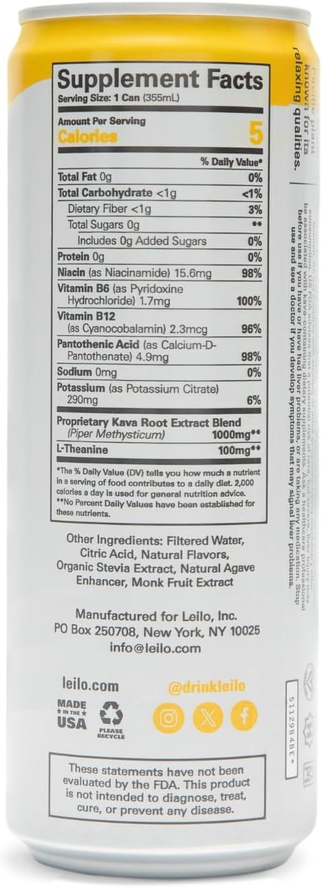 Leilo | Kava Powered Pina Colada Mocktail Drink | Sugar-Free & Non-Alc Functional Relaxation Support | 12 fl oz Cans (Pack of 12)