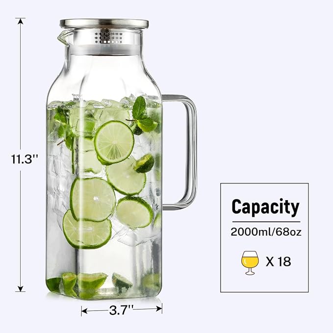 2 Quart (2 Liter 68 oz) Square Glass Pitcher with Lid and Spout, Water Pitchers with Handle for Fridge, Borosilicate Glass Carafe for Hot/Cold Drink, Large Jug for Iced Tea, Coffee,Juice,Milk,Beverage