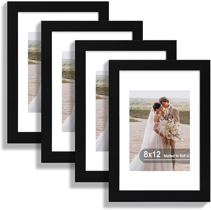 Hongkee 8x12 Picture Frame Set of 4, Made of Real Glass and Black Wooden Frame - Display 6x8 Picture with Mat or 8 x 12Poster Without Mat, 8 by 12 Photo for Wall or Tabletop