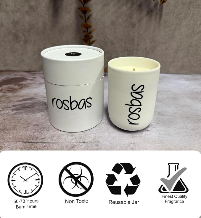 rosbas Pomegranate Cider Soy Wax Candle - 8 oz in Ceramic Jar - Boxed - Clean Burning for Warm Festive Mood - White - Made in USA