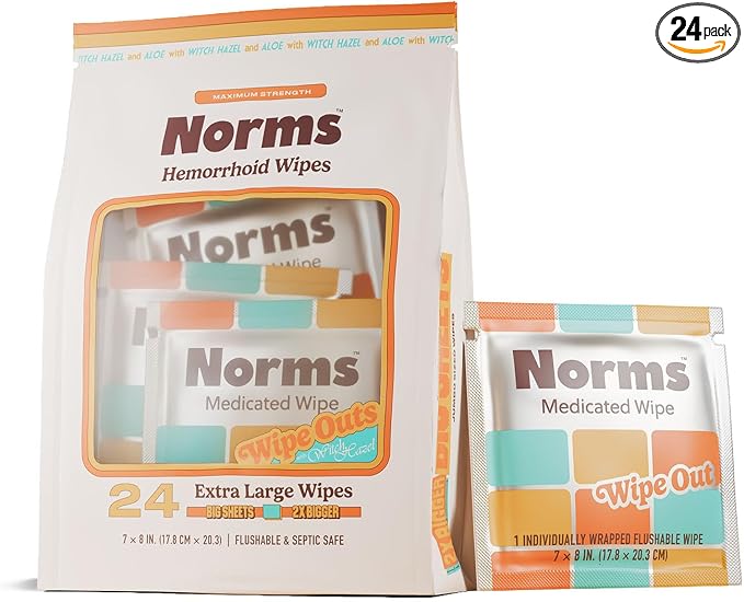 Norms Travel Hemorrhoid Wipes, Big Sheets Wipe Outs - 24 XL Individual Witch Hazel Wipes with Aloe, Clean, Soothe, and Cool, Postpartum Compress, Flushable Wipes, Plant Based & Paraben Free