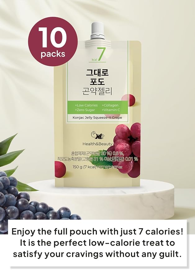 Korean Food Konjac Jelly, Grape Flavor, Zero Sugar, Fish Collagen, 10 Pack | Chewy konjac jelly with grape flavor in convenient single-serve pouches