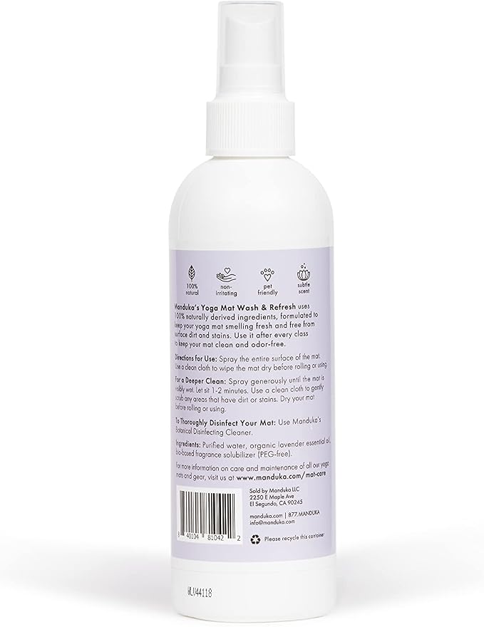 Manduka Yoga Natural Mat Wash and Refresh - 100% Natural, Essential Oils, Non Irritating, Pet Friendly, Fresh Scent, Lavender, 8oz (227ml)