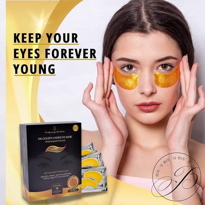 24K Gold Under Eye Patches, Eye Mask,Eye Patches for Puffy Eyes and Dark Circles, Eye Masks Skincare (16 Pair (Pack of 1))