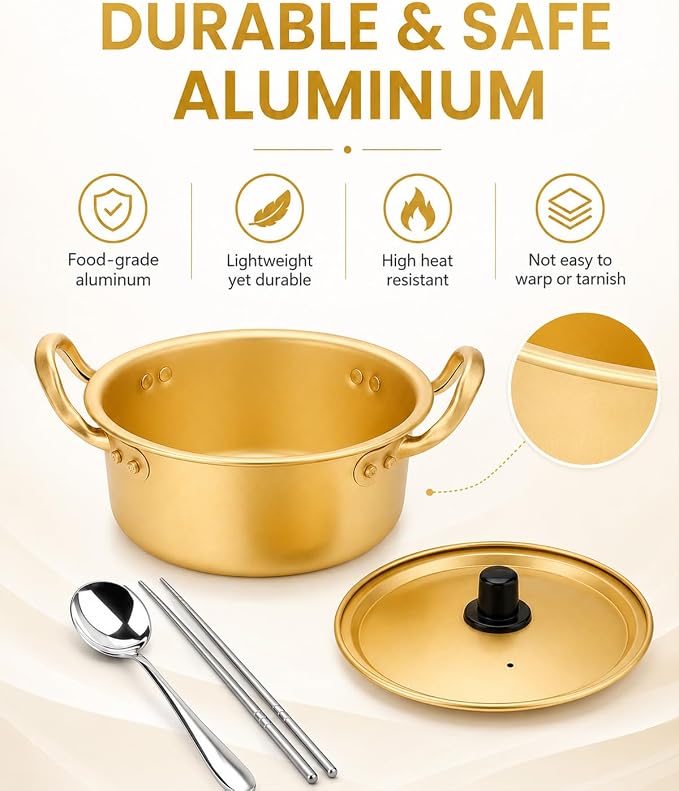 Korean Ramen Pot, Noodle Pot With Lid Spoon And Chopsticks (1pair), Korean Cookware Ramen Pots For Kitchen Cookware, 6.3 Inch (6.3"D x 6.3"W x 3"H)