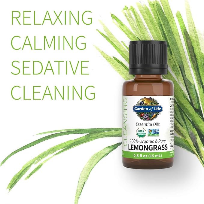 Garden of Life Lemongrass Essential Oil – 100% Pure Essential Oil for Diffuser, Aromatherapy, Meditation, Cleansing and Relaxing, USDA Organic, Non-GMO, 0.5 fl oz