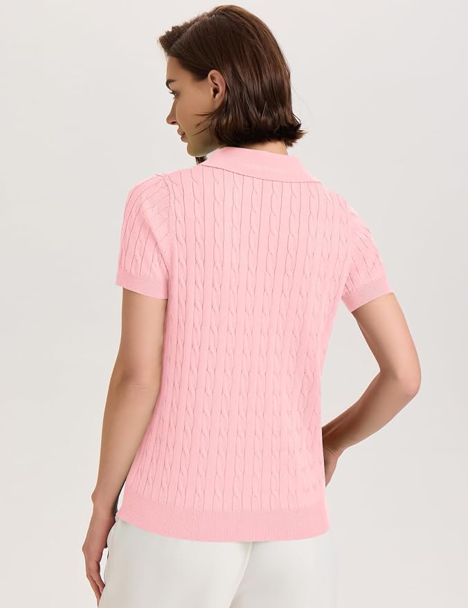 Micoson Womens Short Sleeve Sweater Tops Lapel V Neck Polo Shirts 2026 | Summer Cable Knit Loose Blouses, Business Casual Outfits