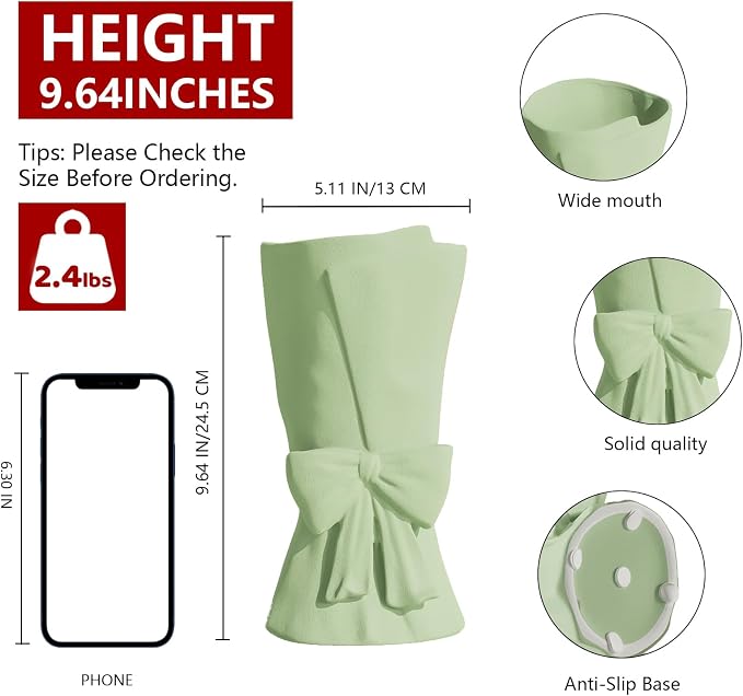 Relexome Green Ceramic Bow Vase 9.64 in Unique Cute Modern Decorative Bouquet Flower Vases for Home Living Room Table Decor Women Girl Gifts