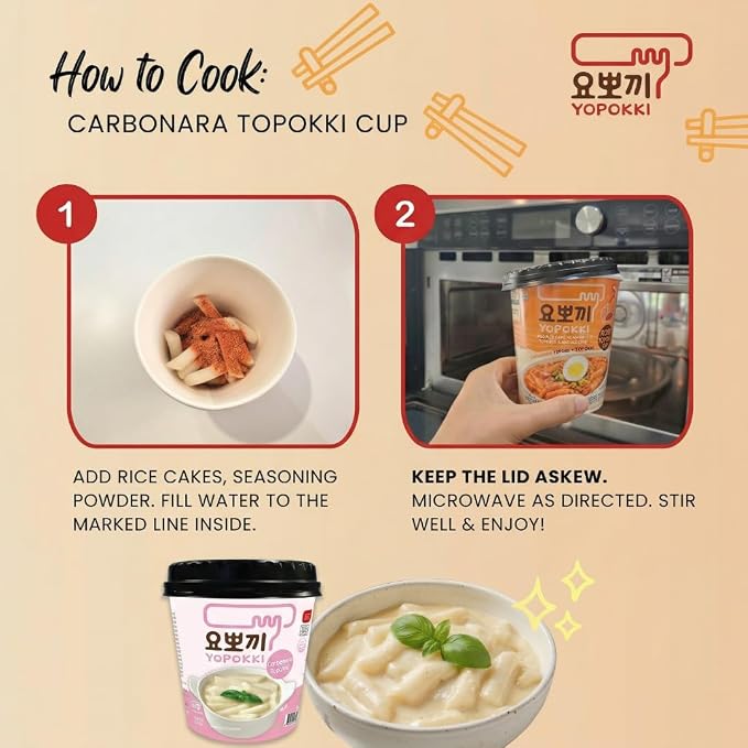 Yopokki Instant Tteokbokki Rice Cakes Korean, Topokki Cup - Great with Cheese and Ramen Toppings, Korean Snacks for College Dorm, Korean Street Food Quick & Easy to Prepare, Pack of 2 (2 Cups, Carbonara)